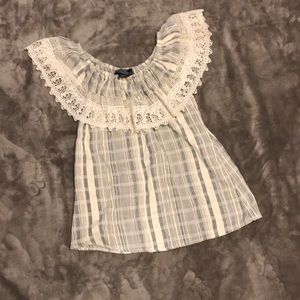 Off shoulder plaid and lace detail shirt